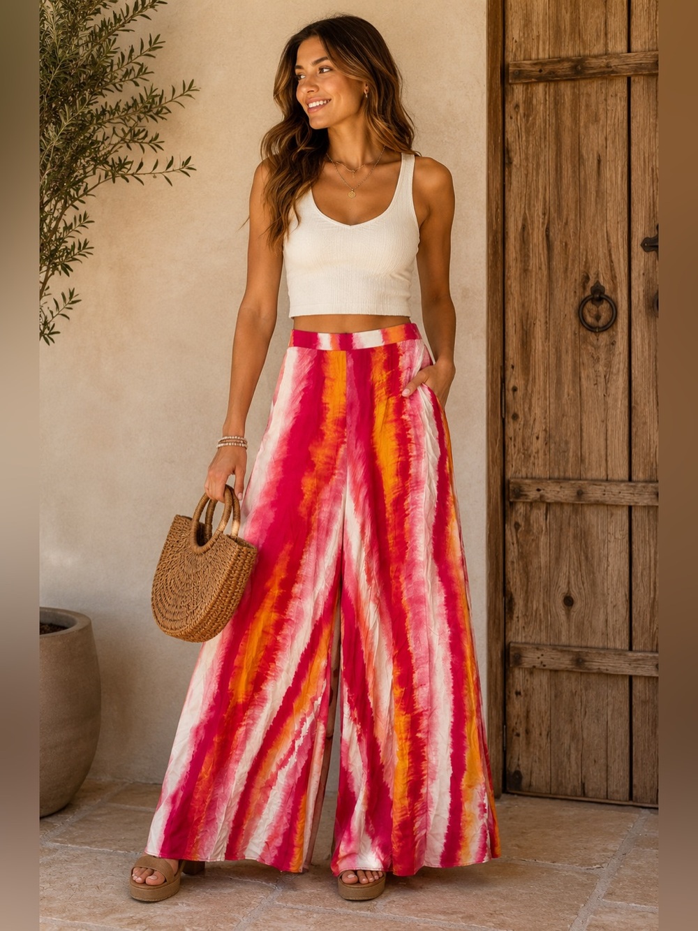 Aakaa Watercolor Tie-Dye Wide Leg Palazzo Pants Size S